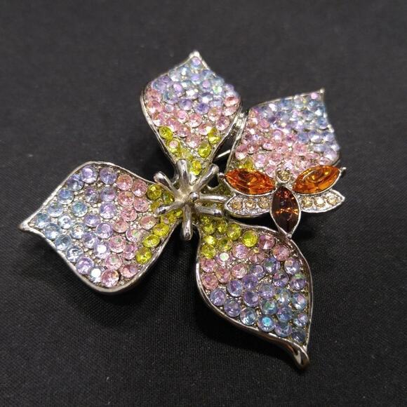 Vintage Pastel Rhinestone Flower Brooch, Tiny Topaz Rhinestone Butterfly, 2 1/4' - Picture 1 of 7